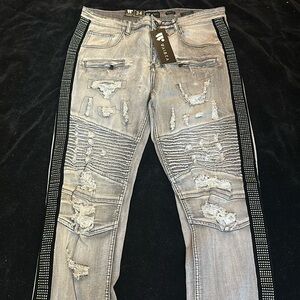 WAIMEA gray skinny fit, distressed jeans with rhinestone tuxedo stripe 34X32